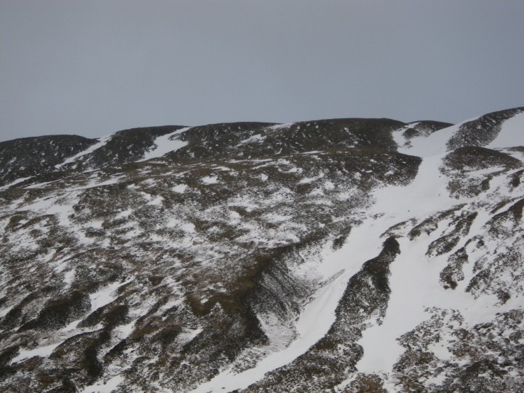 NE Gullies of Sron a Ghoire. Cover much depleted below 800m