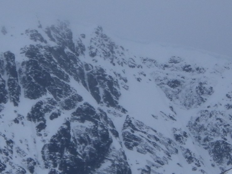 Inner Coire Ardair. 'The Pipes' top left of photo. Some largish cornices still present. Some improvement in stability and hopefully bit more ice build up on horizon