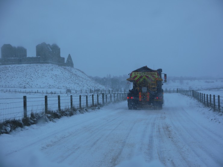 Heavy snowfall  overnight nr home. White roads even after the snow plough! Ruthven Barracks in the background.
