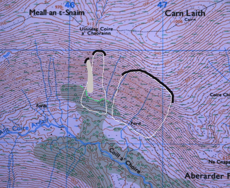 March 2010 avalanche path in white. Feb 2015 avalanche track in solid grey. Black lines represent crownwalls.