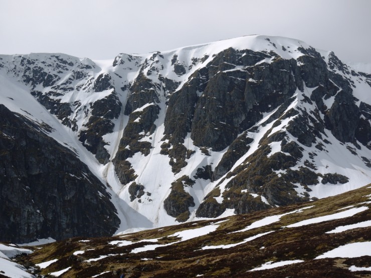 The Post Face of Coire Ardair. Stripped of ice but still with deep snow in all gullies.
