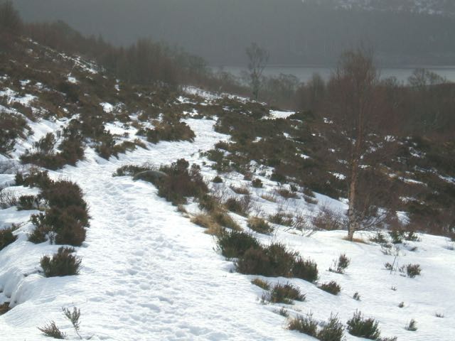 Snow on the Coire Ardair path from about 400m. Some deep drifts further up.